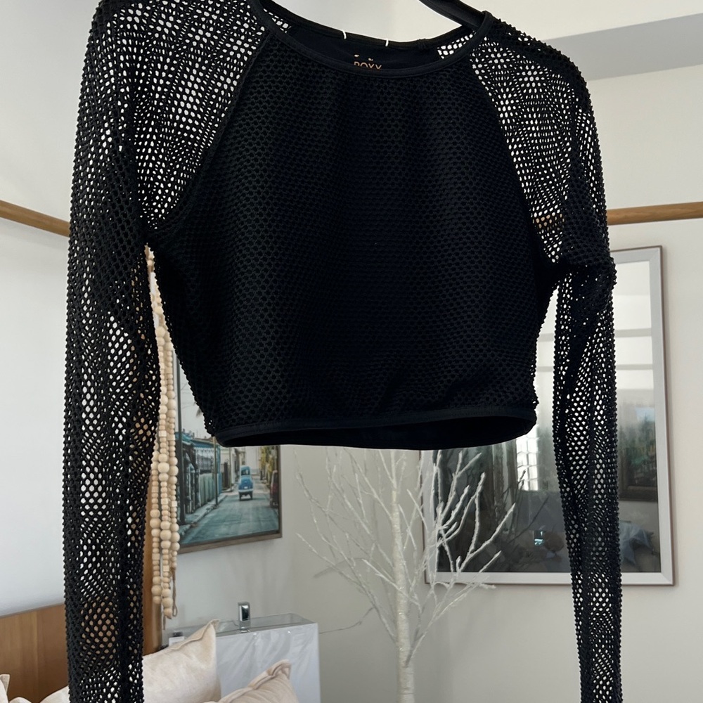 Roxy Black Mesh Long Sleeve Crop Top